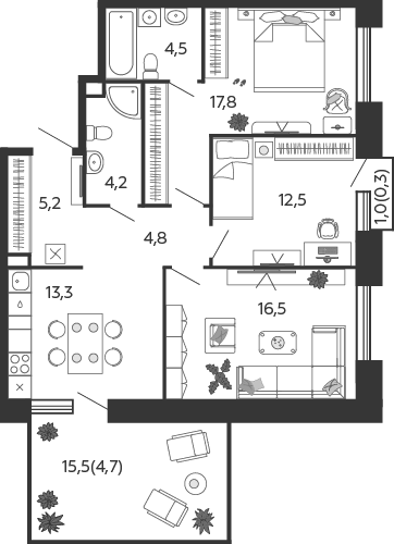 3 ккв 83,3 м²