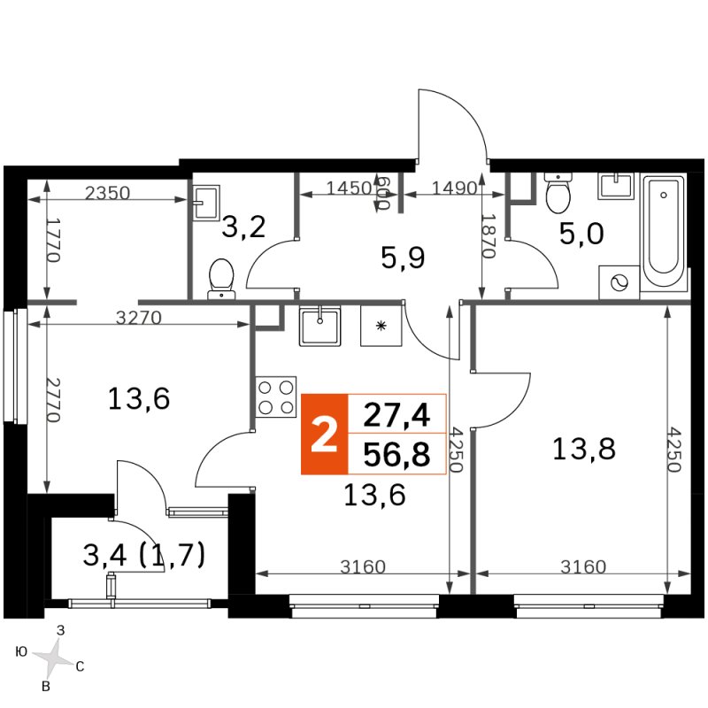2 ккв 55,1 м²