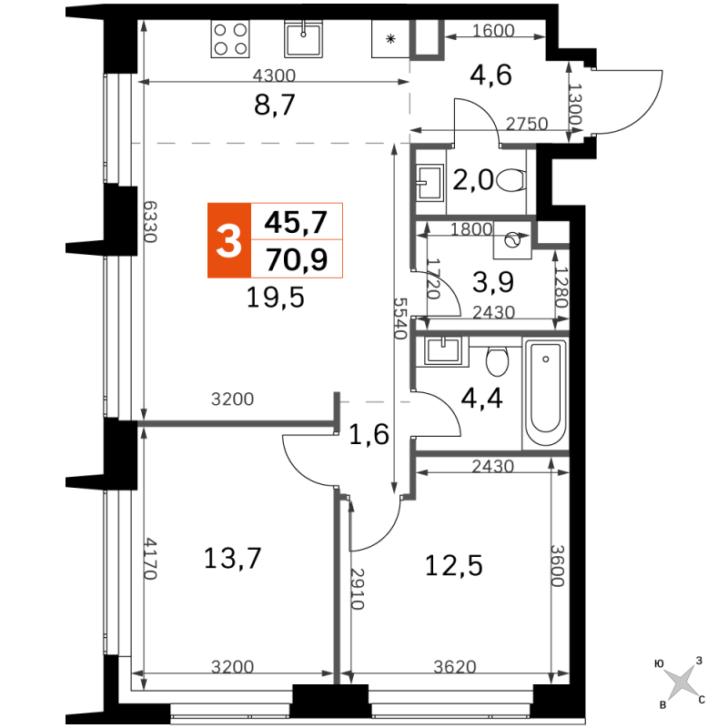 3 ккв (Евро) 70,9 м²