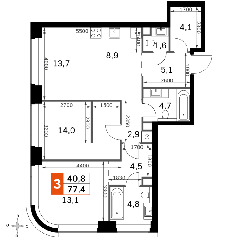 3 ккв (Евро) 77,4 м²