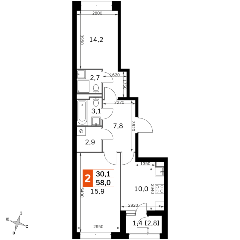 2 ккв 57,8 м²