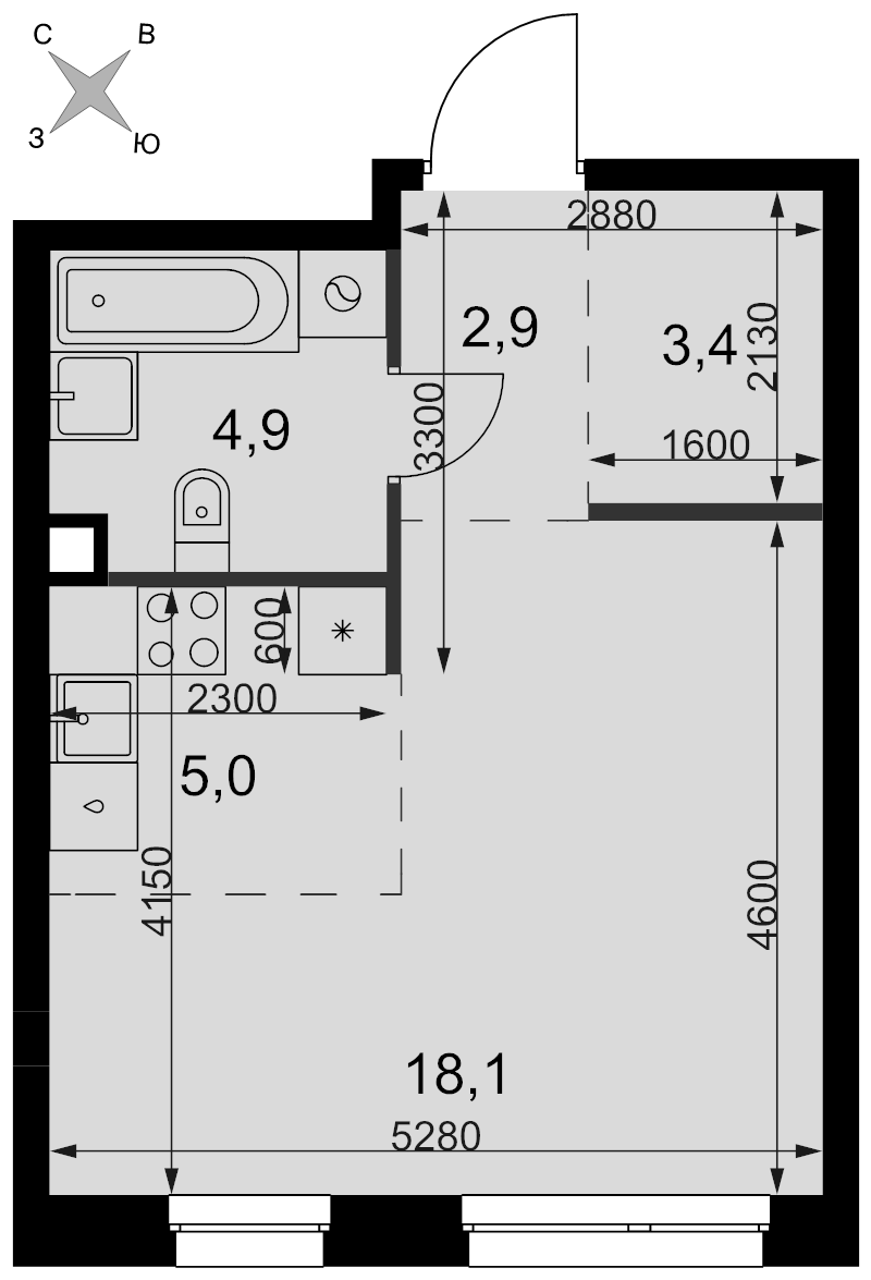 Студия 34,3 м²