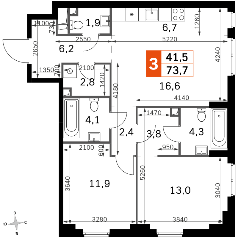 3 ккв (Евро) 73,7 м²