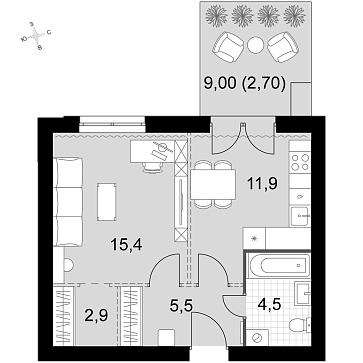 1 ккв 42,9 м²