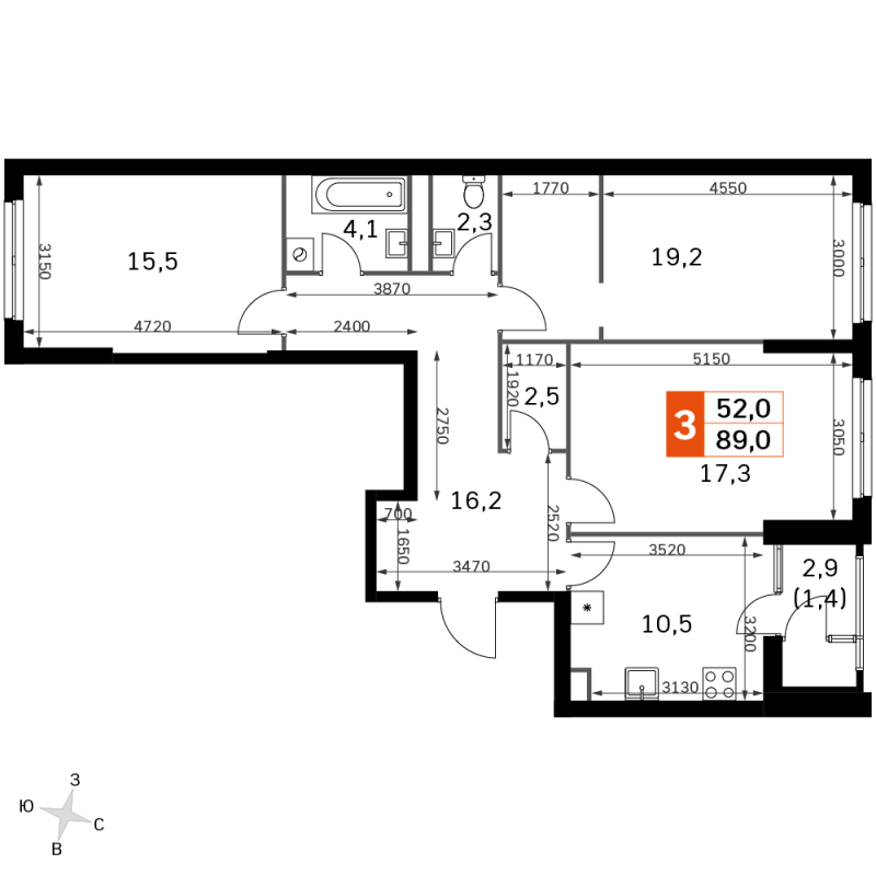 3 ккв 87,9 м²