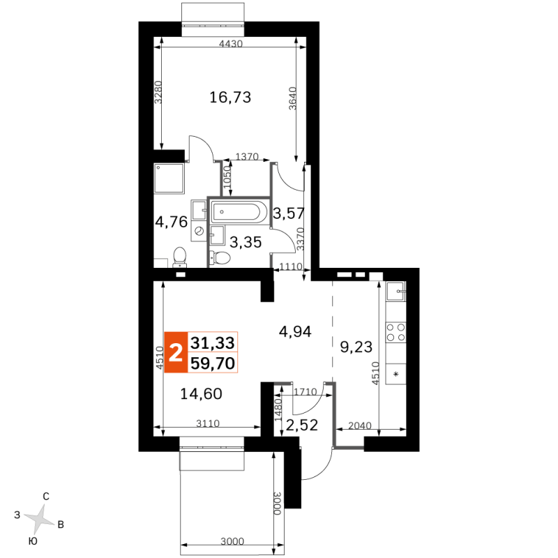 2 ккв (Евро) 59,7 м²