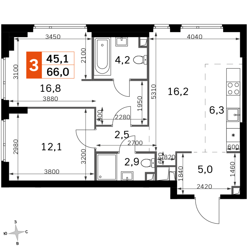 3 ккв (Евро) 66 м²