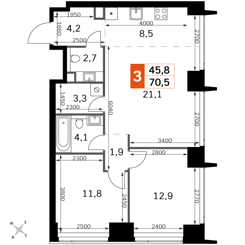 3 ккв (Евро) 70,5 м²