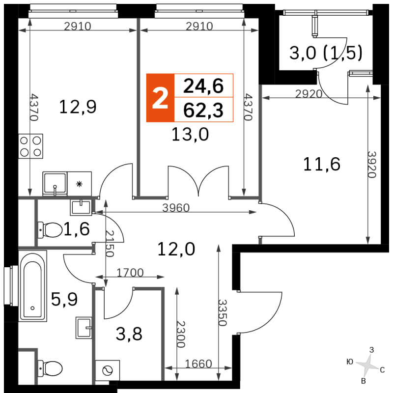 2 ккв 61,1 м²