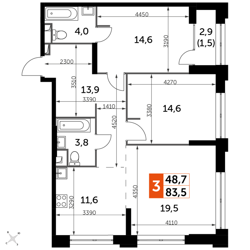 3 ккв (Евро) 83,5 м²