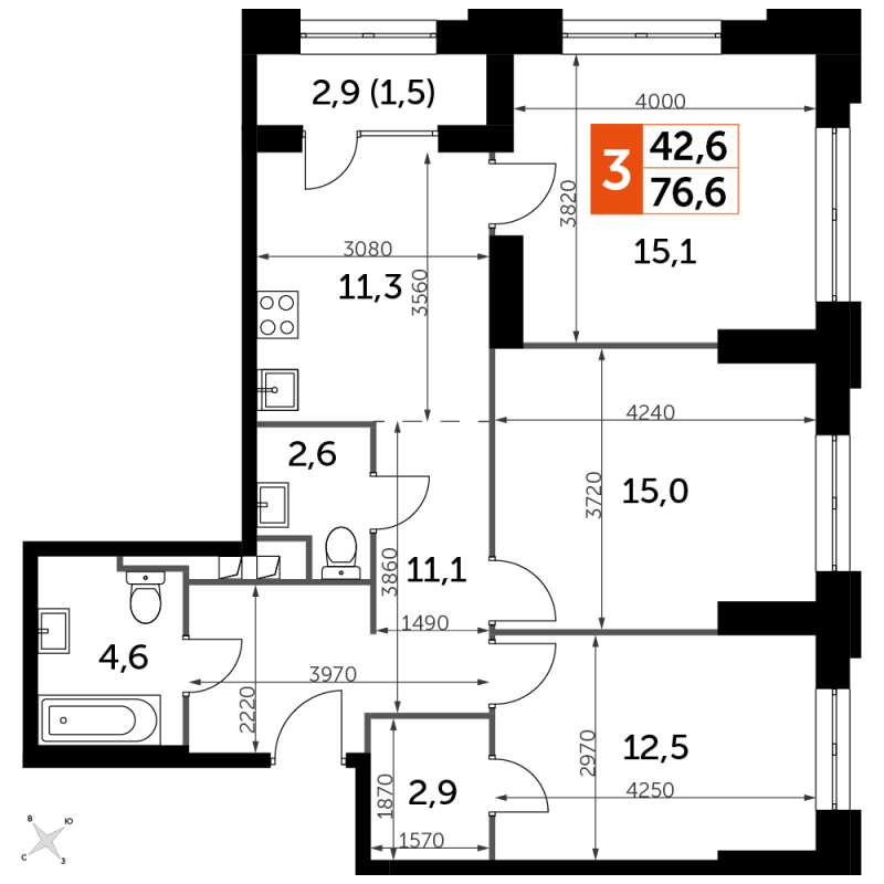 3 ккв 76,6 м²
