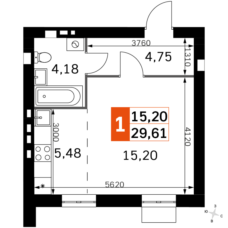 Студия 29,6 м²