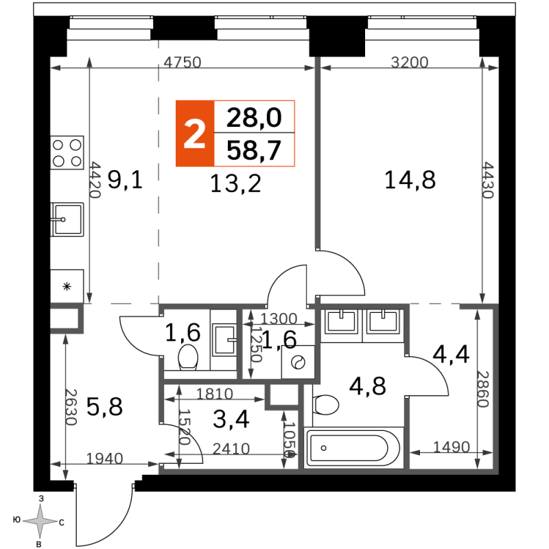 2 ккв (Евро) 58,7 м²