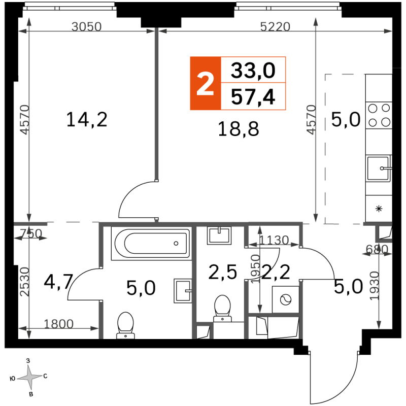 2 ккв (Евро) 57,4 м²