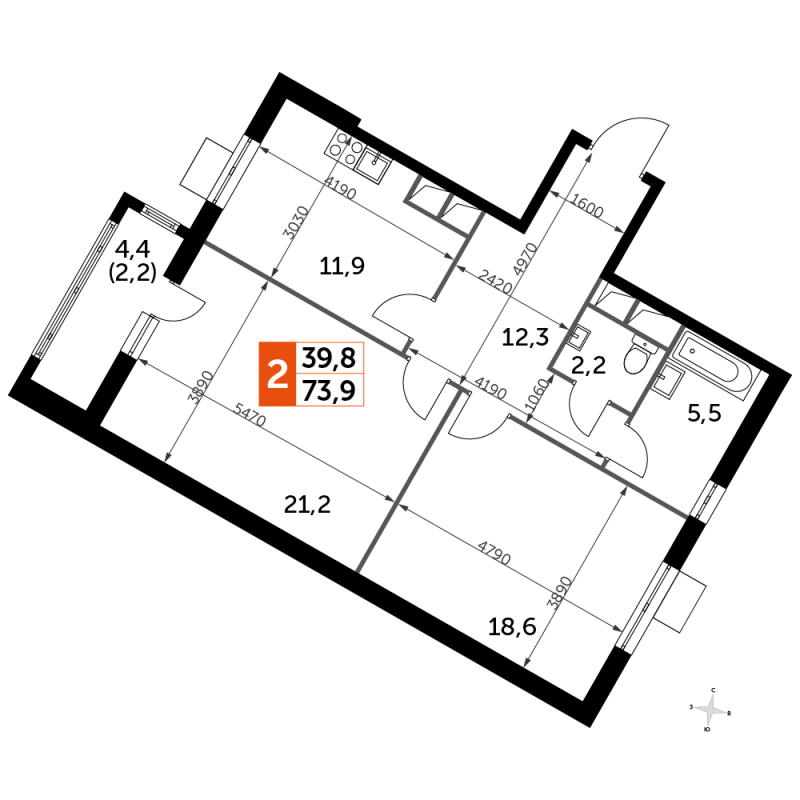 2 ккв 74 м²