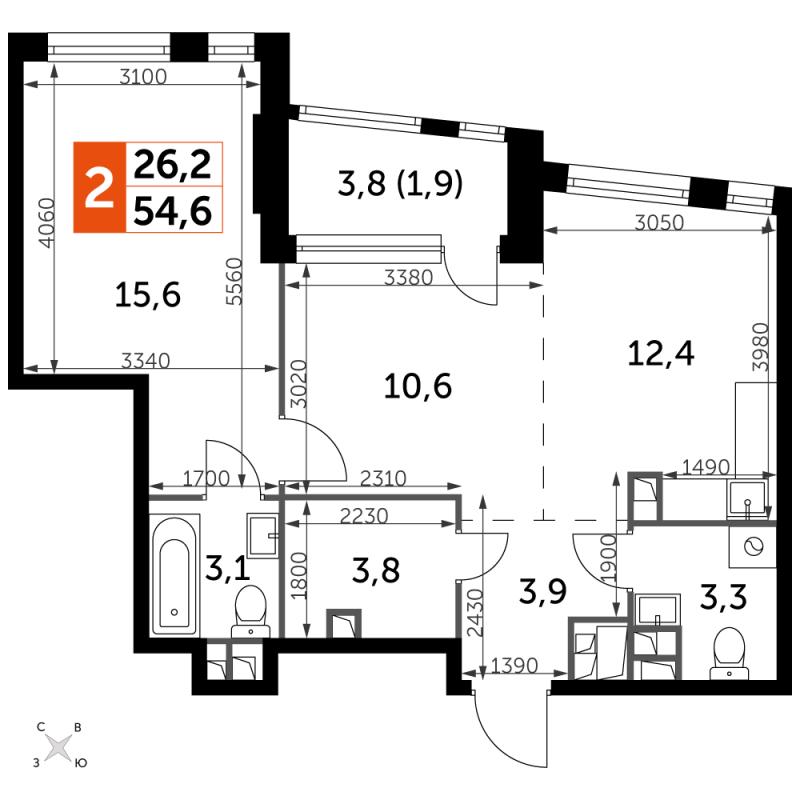2 ккв (Евро) 54,6 м²