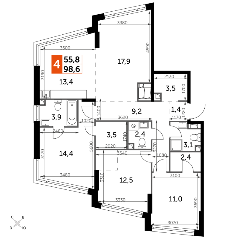 4 ккв (Евро) 98,6 м²