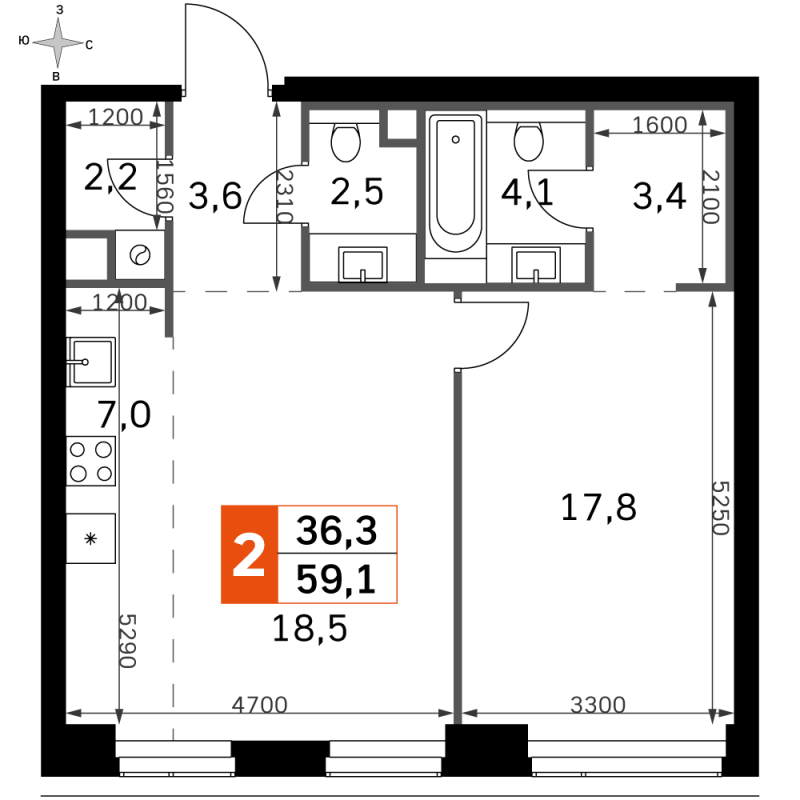 2 ккв (Евро) 59,1 м²
