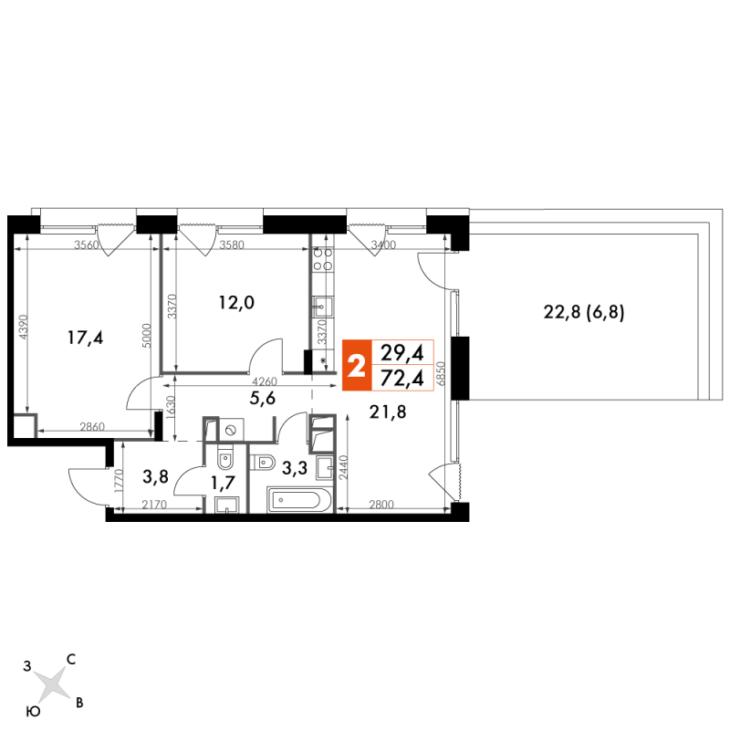 3 ккв (Евро) 72,8 м²