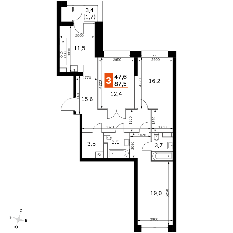3 ккв 86,7 м²