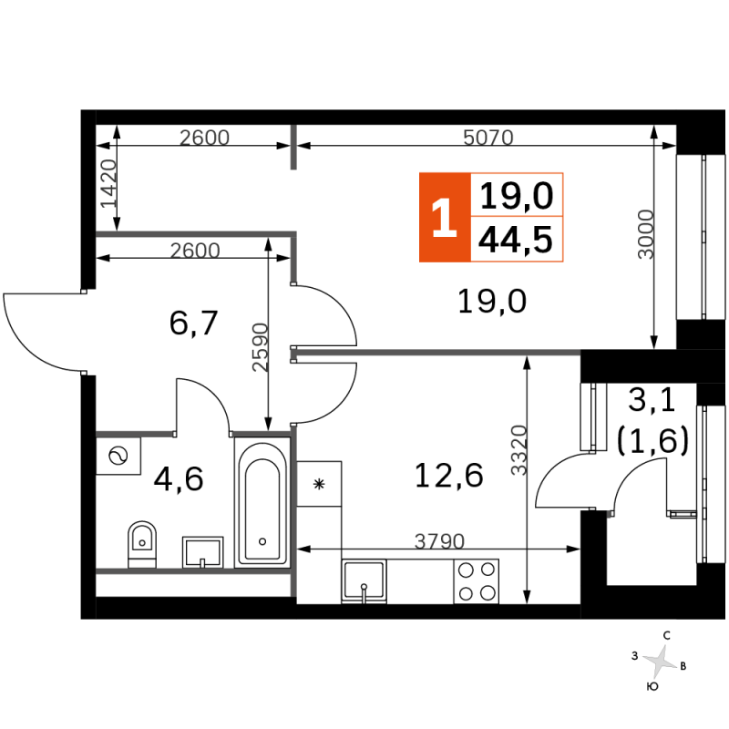 1 ккв 44,4 м²