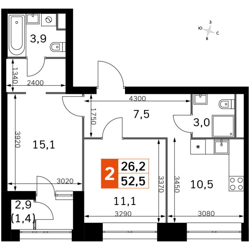 2 ккв 52,5 м²