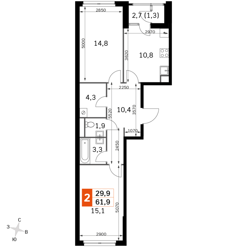 2 ккв 60,5 м²