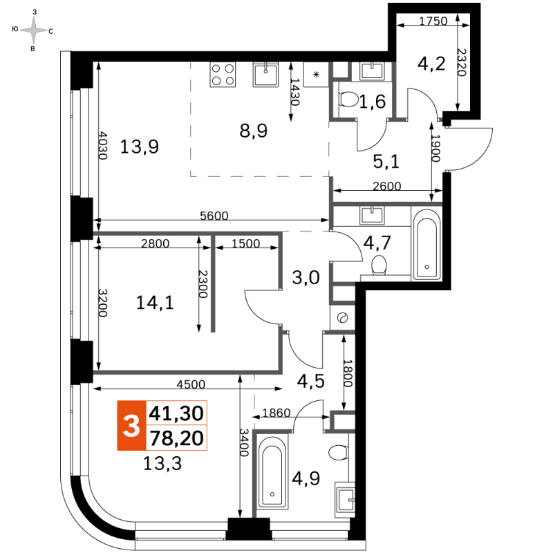 3 ккв (Евро) 78,2 м²