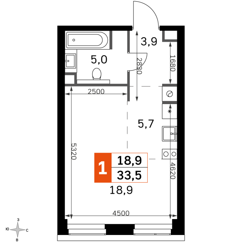 Студия 33,5 м²