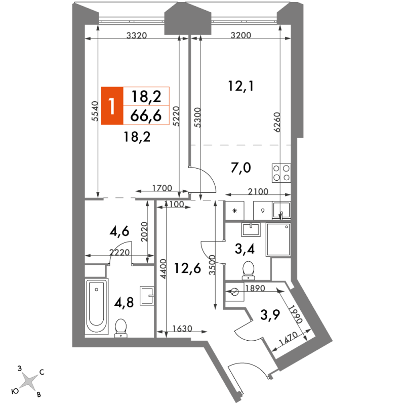 2 ккв (Евро) 66,6 м²