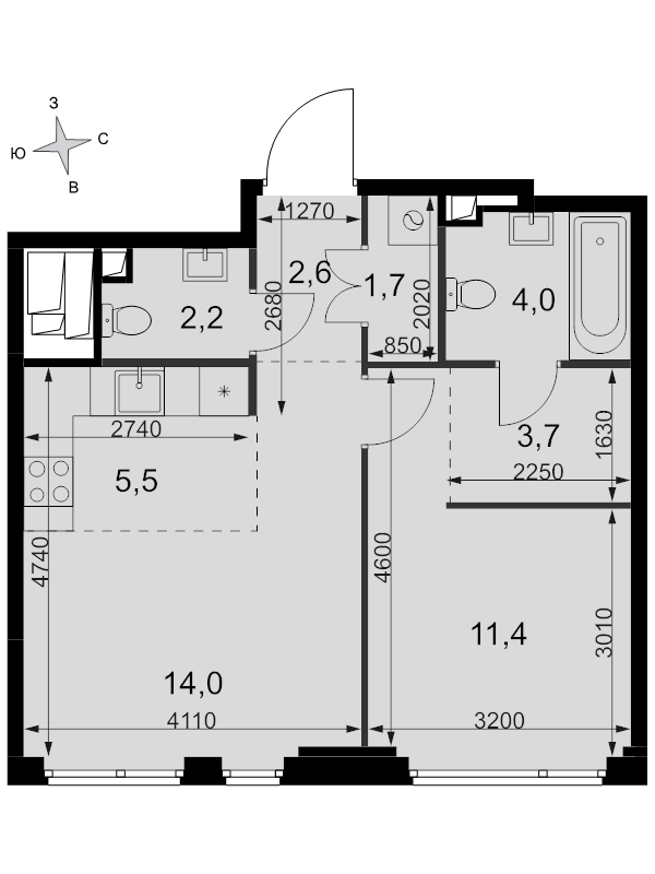 2 ккв (Евро) 45,1 м²