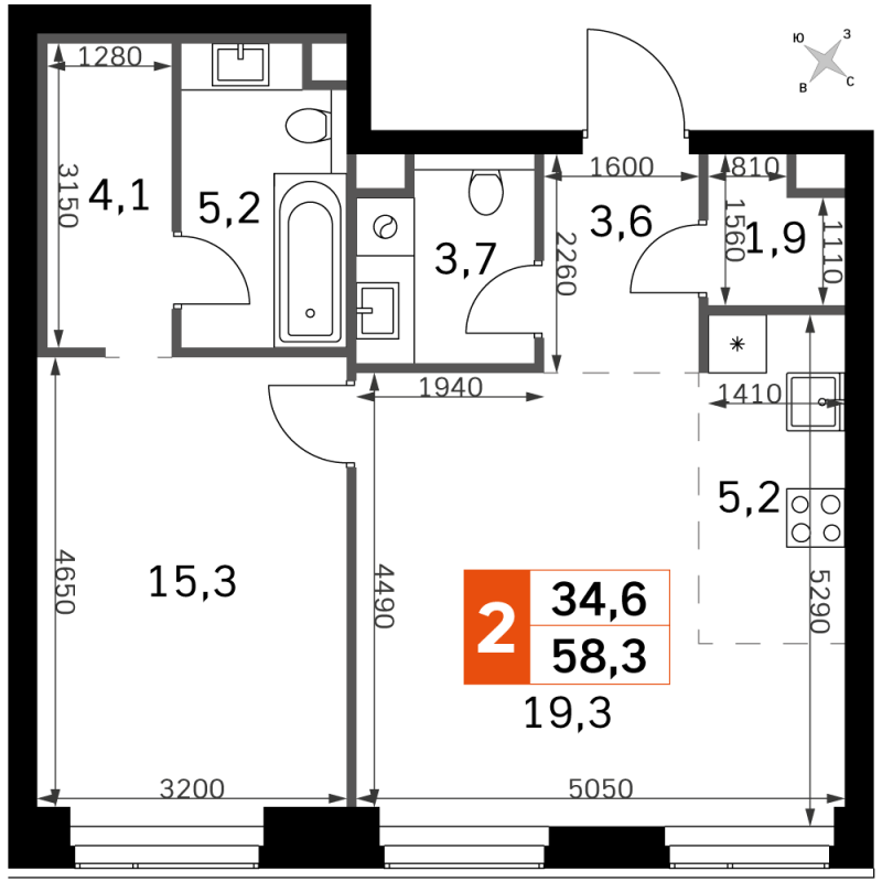 2 ккв (Евро) 58,3 м²
