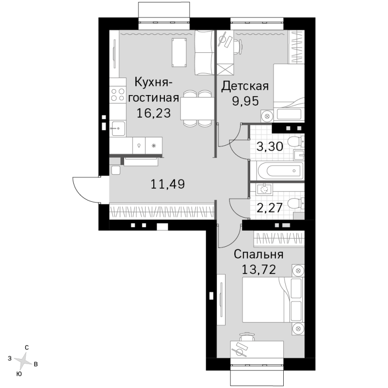 3 ккв (Евро) 57 м²