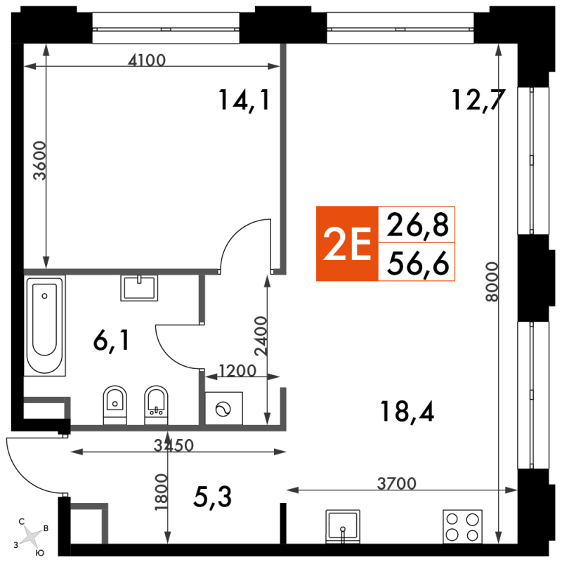 2 ккв (Евро) 58,4 м²