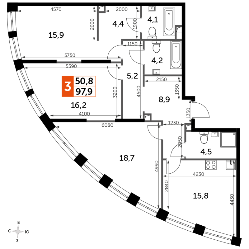 4 ккв (Евро) 97,3 м²
