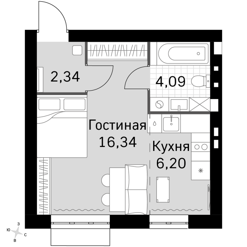Студия 29 м²