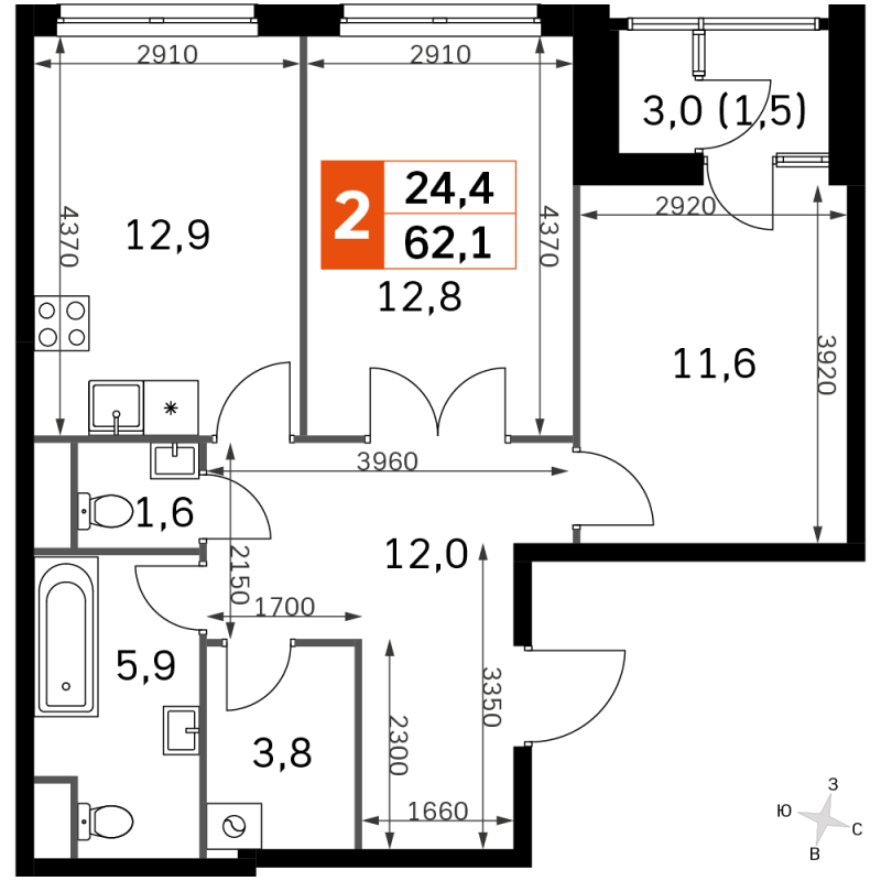 2 ккв 60,9 м²
