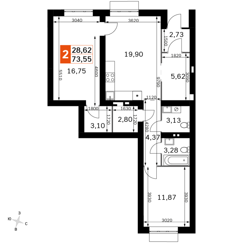 3 ккв (Евро) 73,6 м²