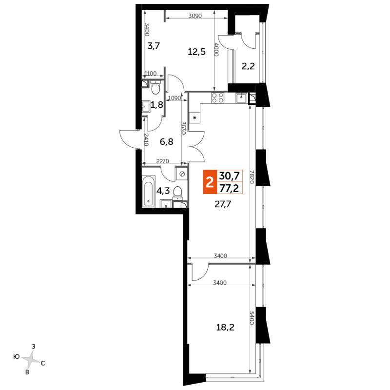 3 ккв (Евро) 76,9 м²