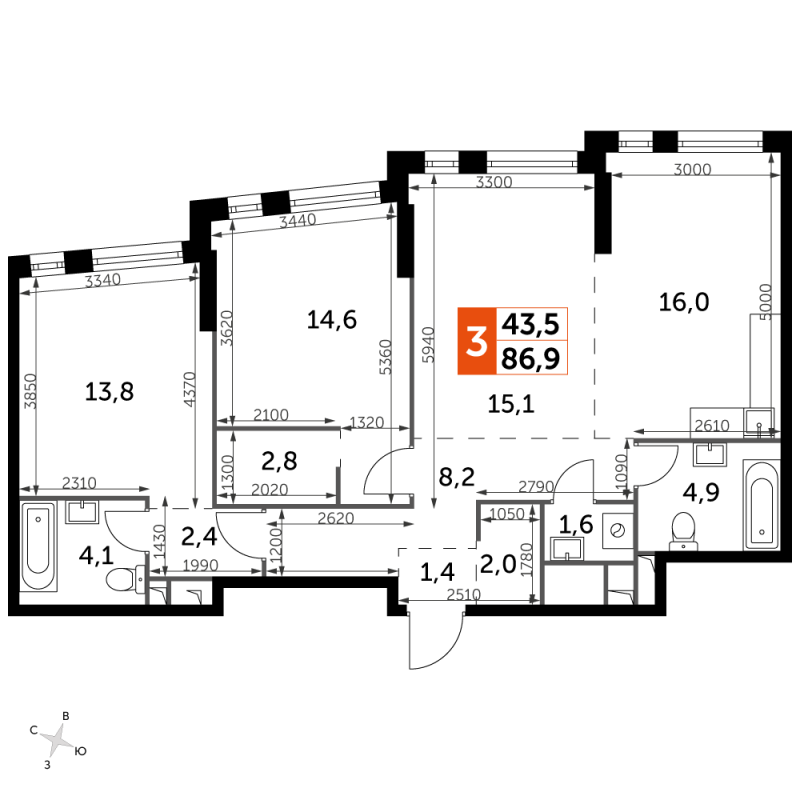 3 ккв (Евро) 86,9 м²