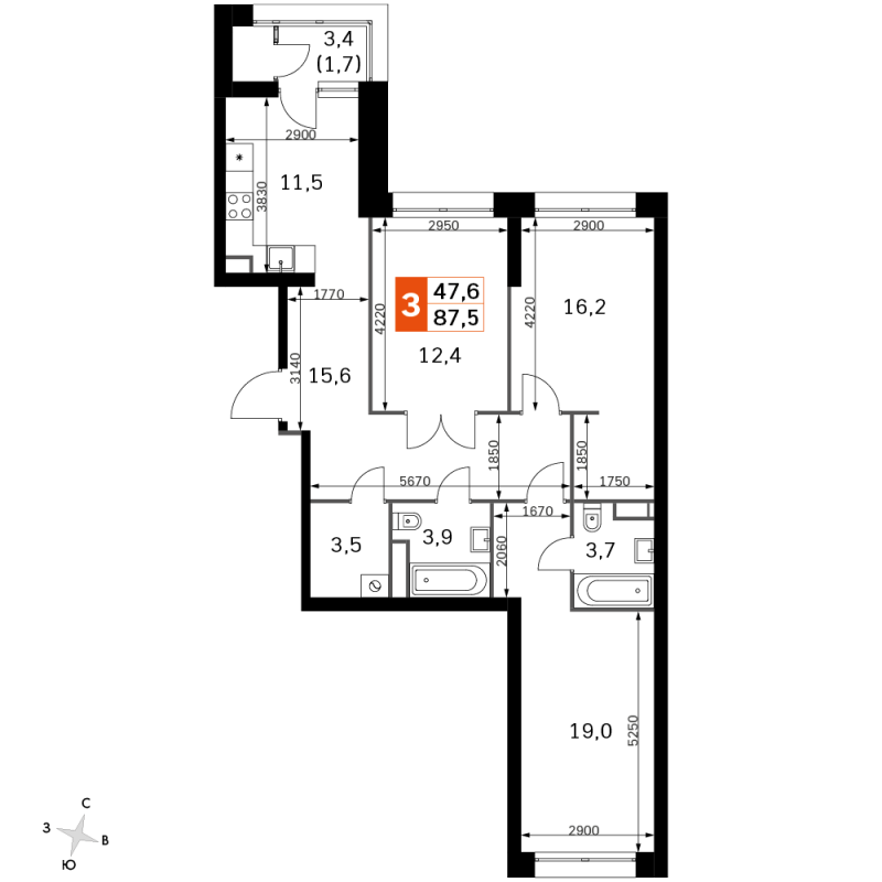 3 ккв 86,7 м²