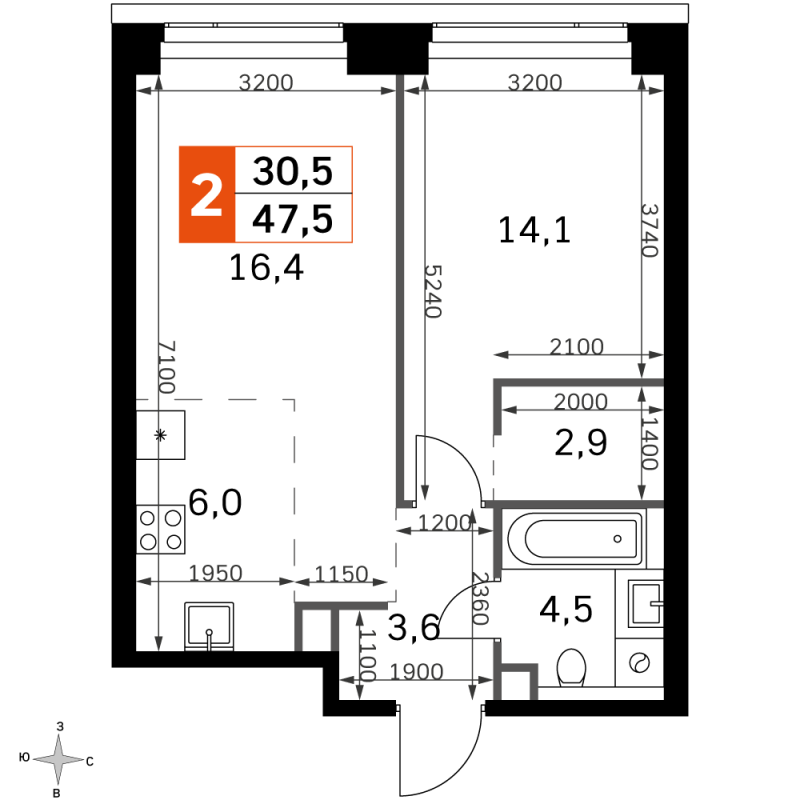 2 ккв (Евро) 47,5 м²