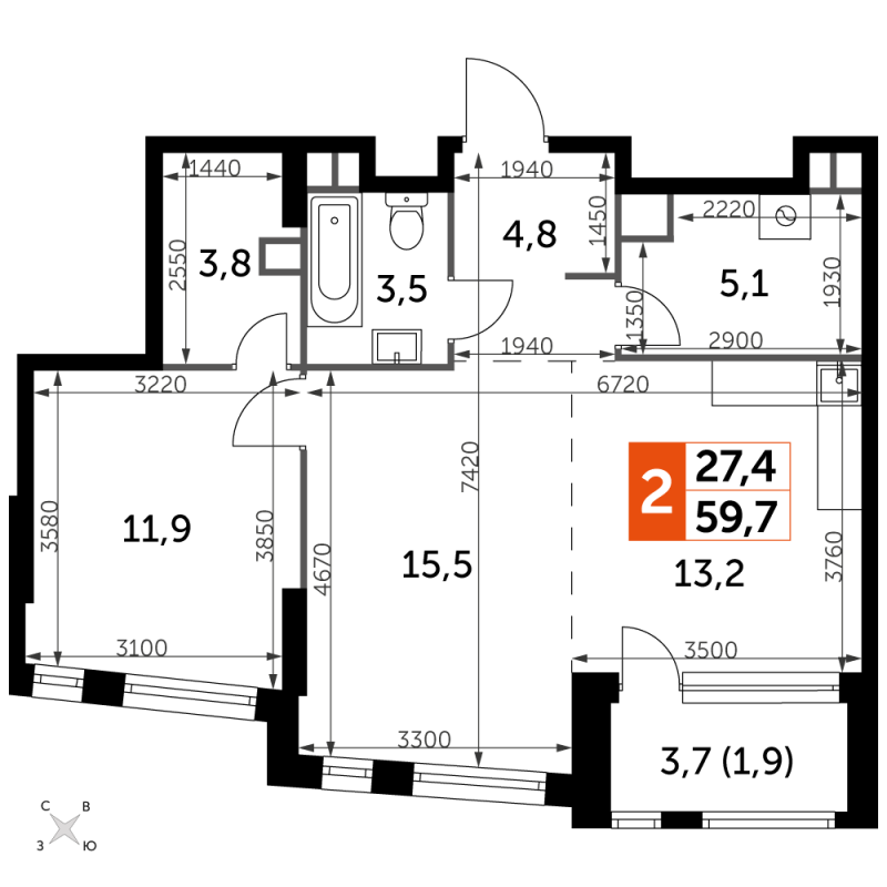 2 ккв (Евро) 59,7 м²