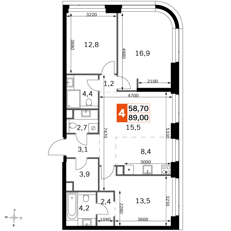 4 ккв (Евро) 88,7 м²