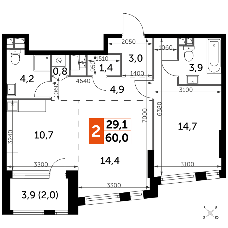 2 ккв (Евро) 60 м²