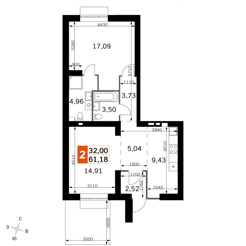 2 ккв (Евро) 61,2 м²
