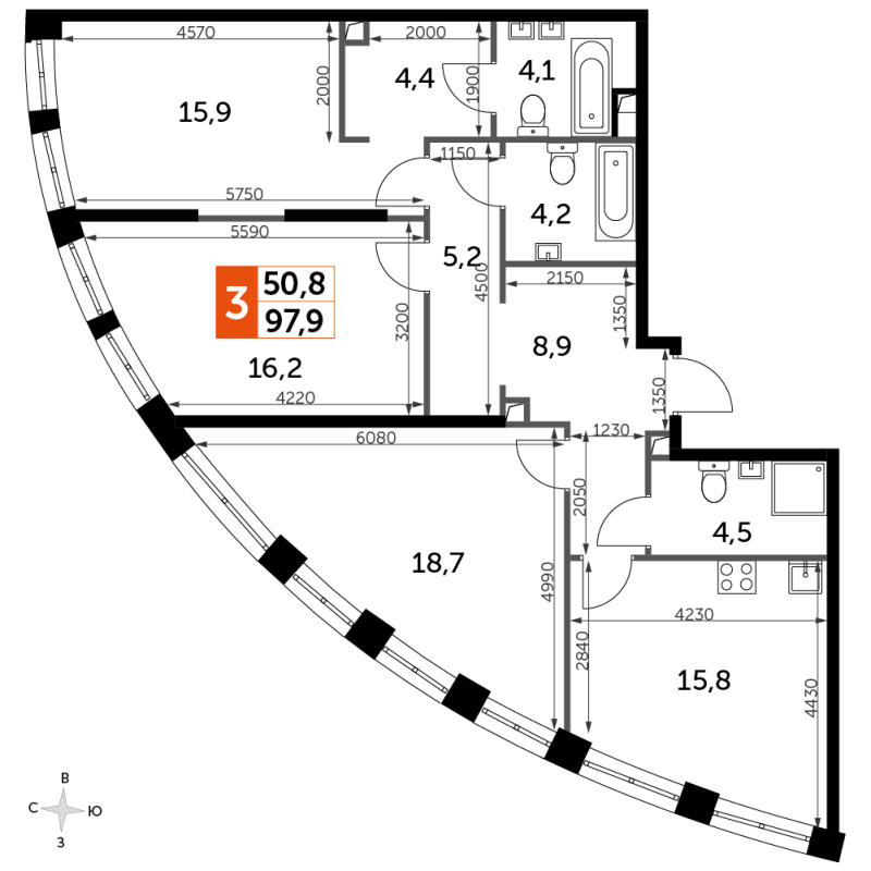 4 ккв (Евро) 97,3 м²