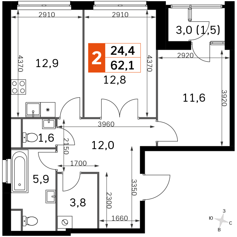 2 ккв 61,1 м²