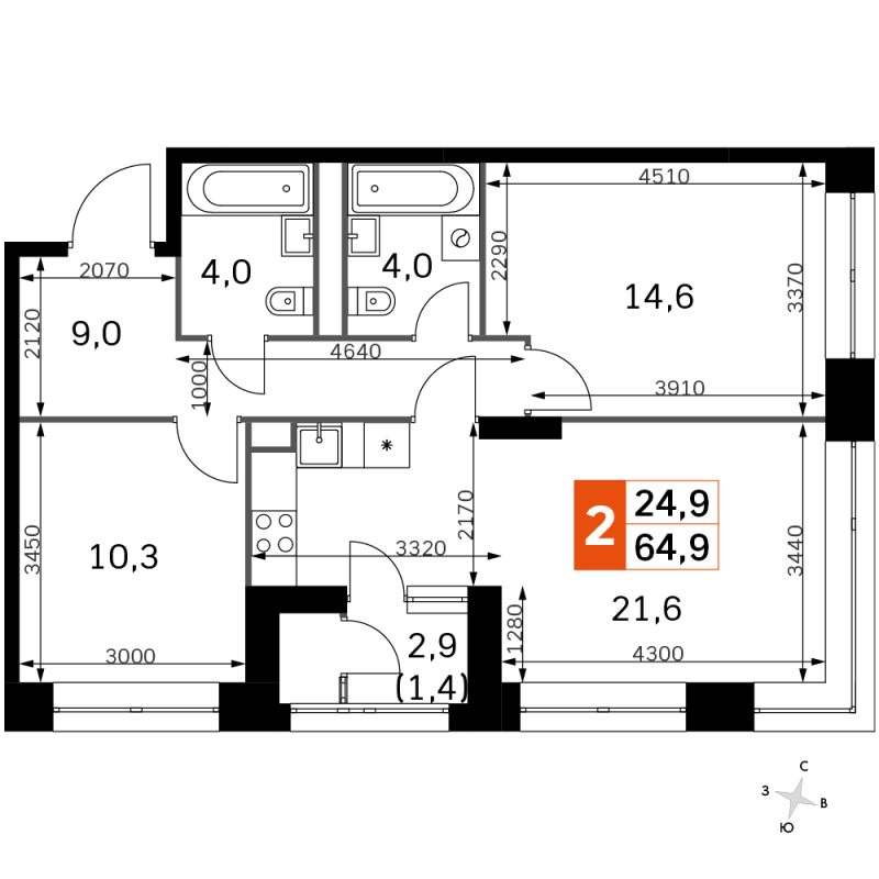 3 ккв (Евро) 64,8 м²
