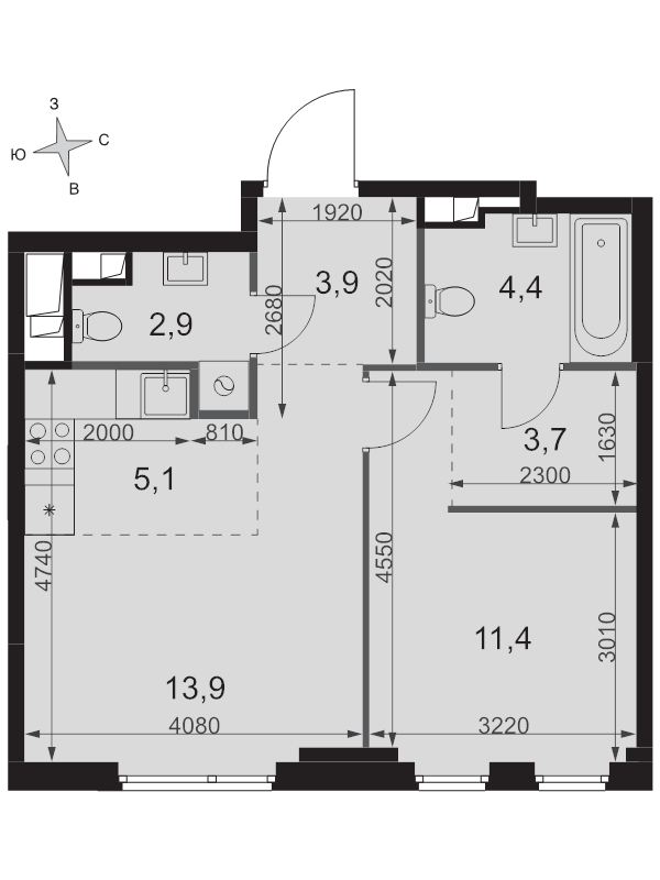 2 ккв (Евро) 45,3 м²